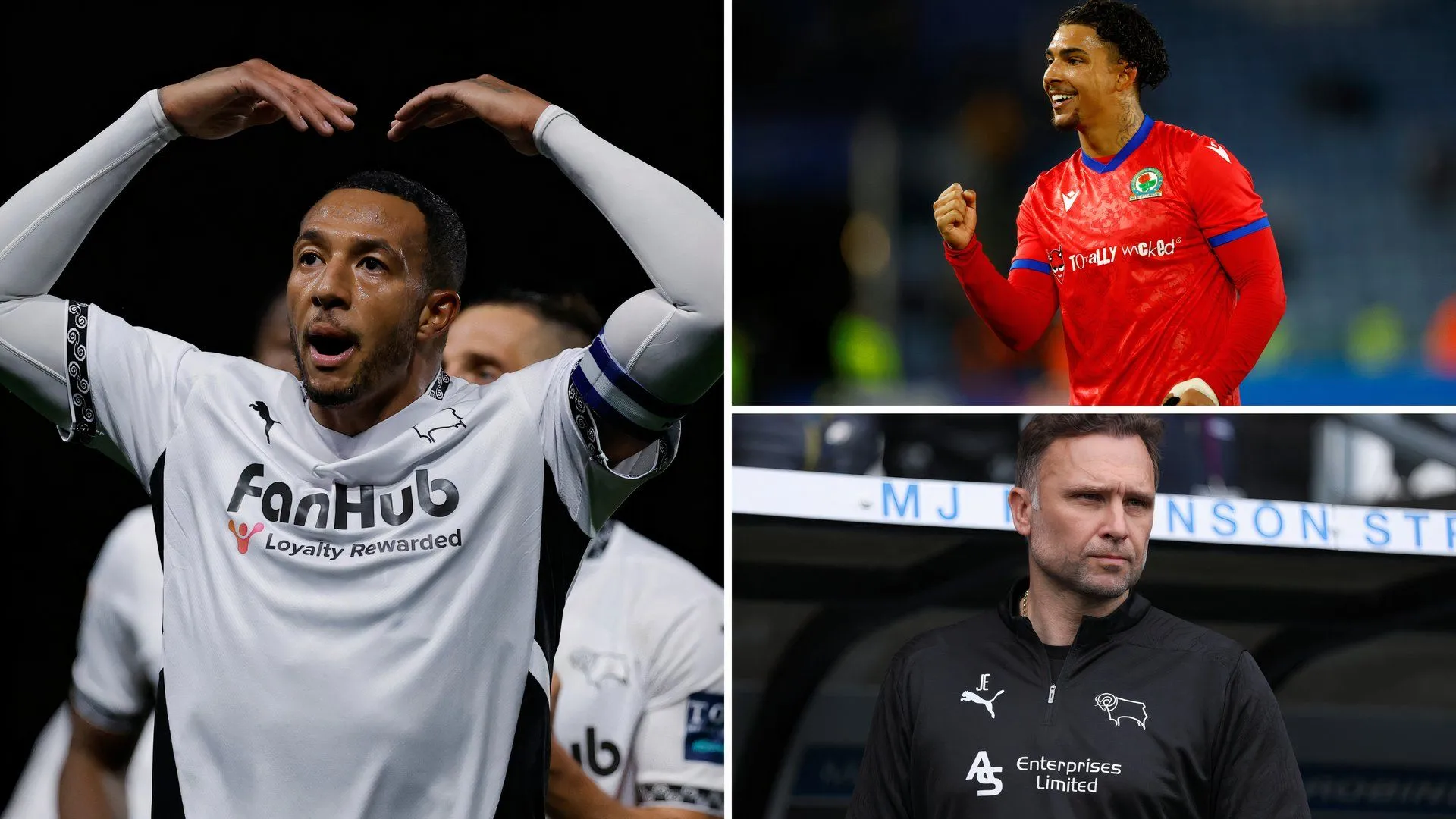 Nathaniel Mendez-Laing và Tyrhys Dolan tranh chấp bóng dưới sự quan sát của HLV John Eustace trong một trận đấu của Derby County.