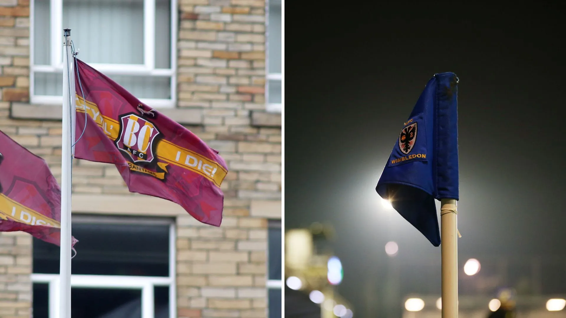Cờ Bradford City và AFC Wimbledon, hai đội thăng hạng lên League One